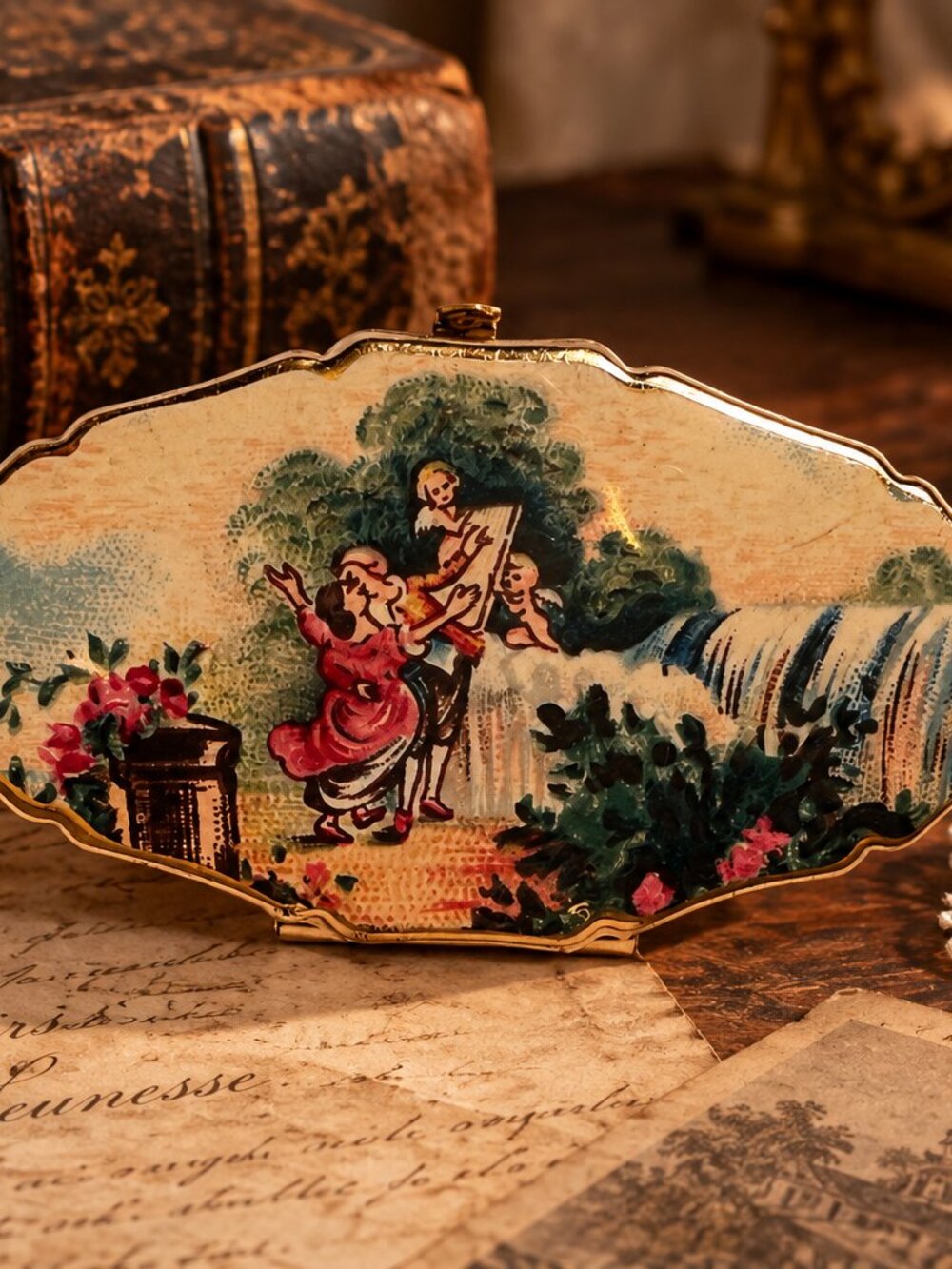 Vintage Stratton Lipview Fragonard Courting Couple Lipstick Clip Mirror Holder G